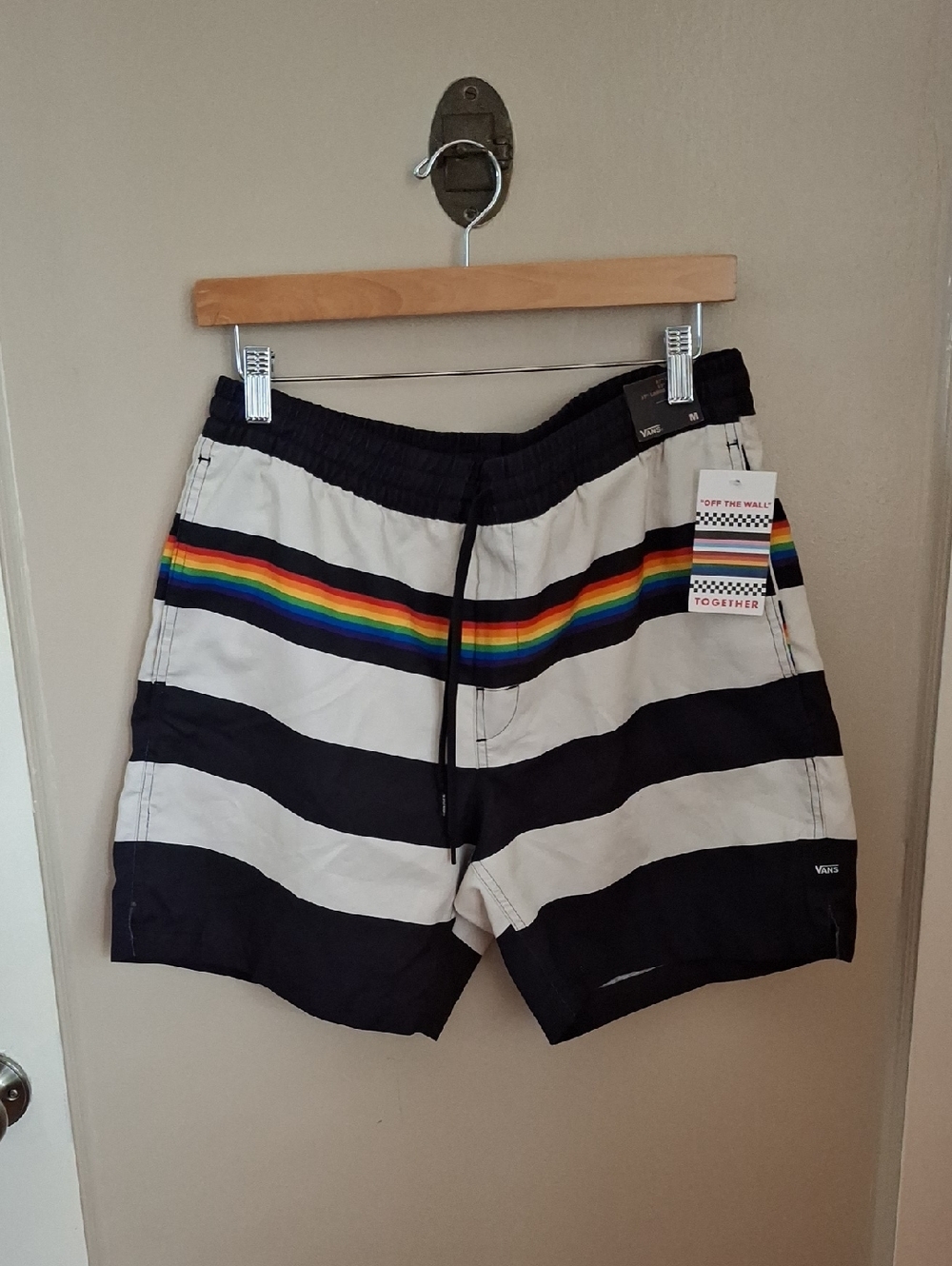 NWT Vans Men’s Black & White Stripe Swim Shorts with Rainbow Accent_1